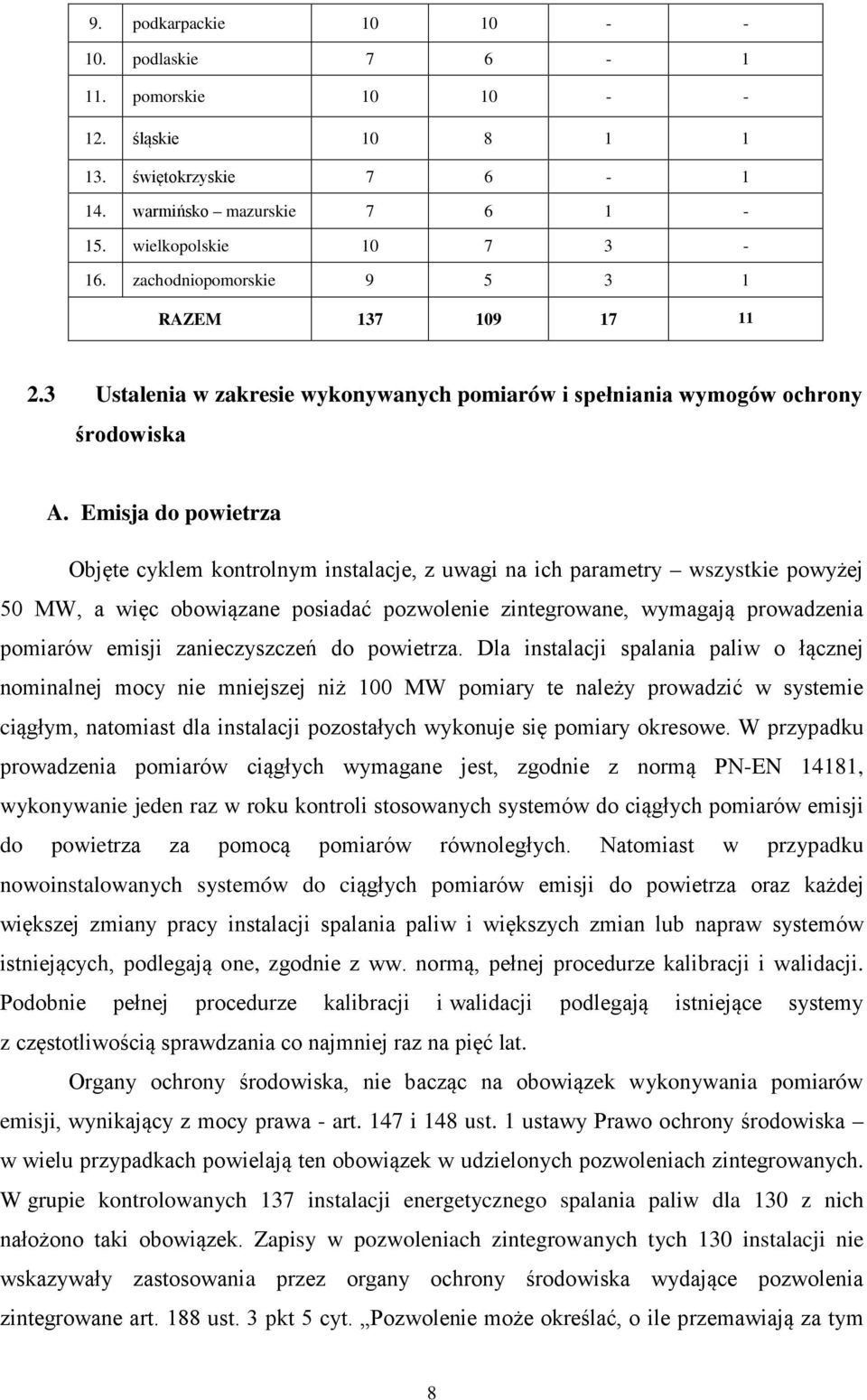 Emisja do powietrza Objęte cyklem kontrolnym instalacje, z uwagi na ich parametry wszystkie powyżej 50 MW, a więc obowiązane posiadać pozwolenie zintegrowane, wymagają prowadzenia pomiarów emisji