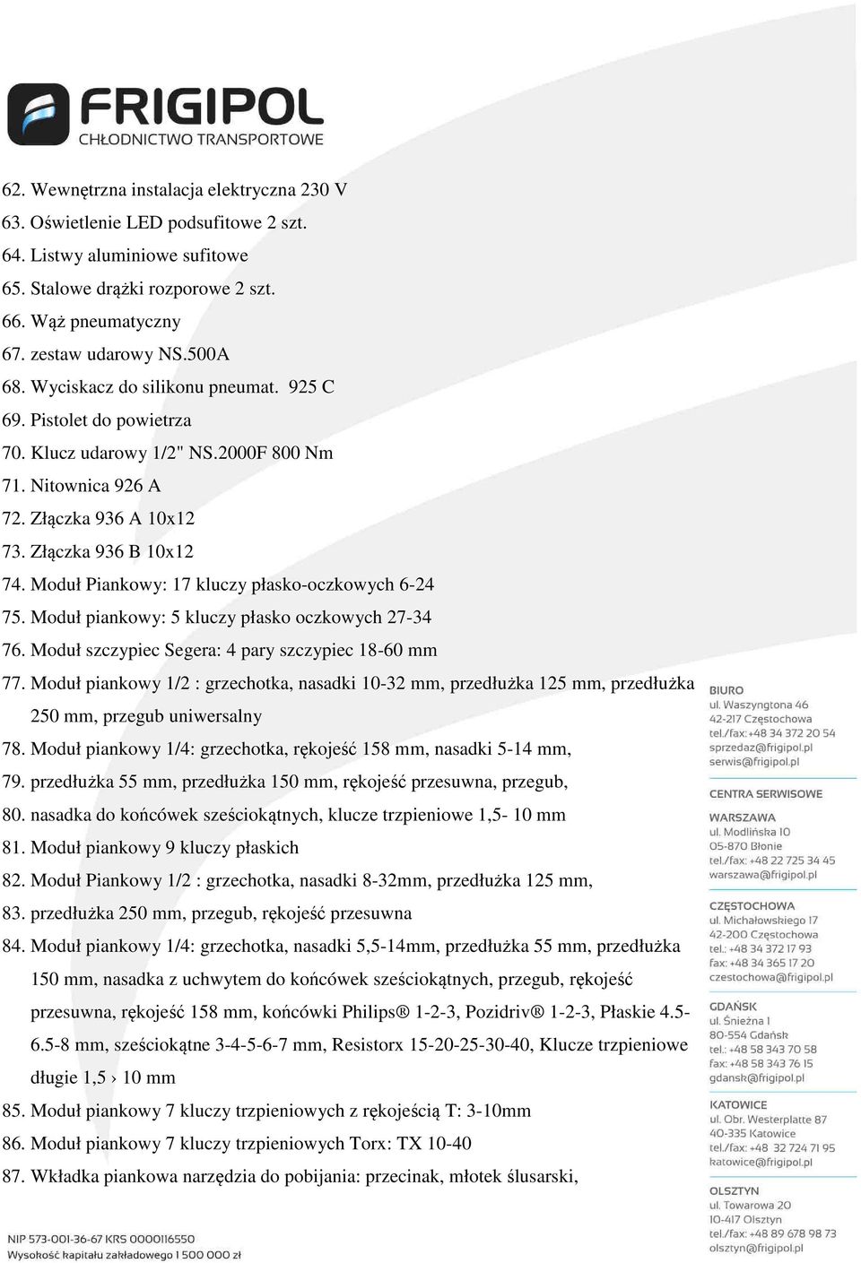 Moduł Piankowy: 17 kluczy płasko-oczkowych 6-24 75. Moduł piankowy: 5 kluczy płasko oczkowych 27-34 76. Moduł szczypiec Segera: 4 pary szczypiec 18-60 mm 77.