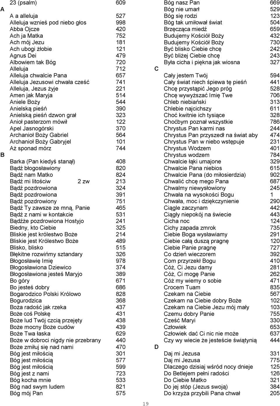 Jasnogórski 370 Archanioł Boży Gabriel 564 Archanioł Boży Gabryjel 101 Aż sponad mórz 744 Barka (Pan kiedyś stanął) 408 Bądź błogosławiony 820 Bądź nam Matko 824 Bądź mi litościw 2 zw 213 Bądź