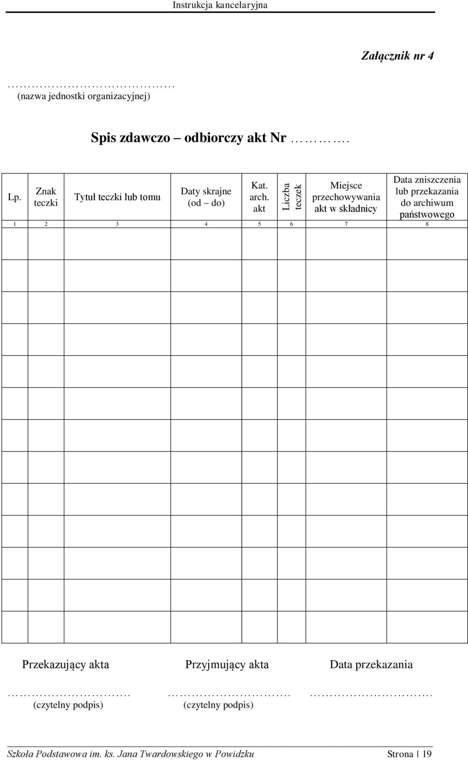 akt Miejsce przechowywania akt w składnicy Data zniszczenia lub przekazania do archiwum państwowego 1 2 3 4 5 6 7