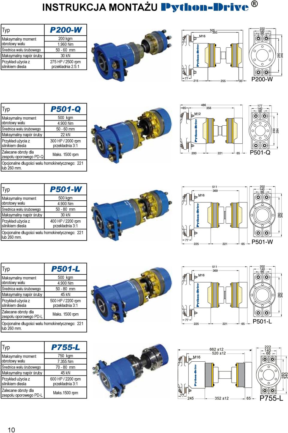 900 Nm 50-80 30 kn 400 HP / 2200 rpm Opcjonalne długości wału homokinetycznego: 221 lub 260. zespołu oporowego P-L P501-L 500 kgm 4.