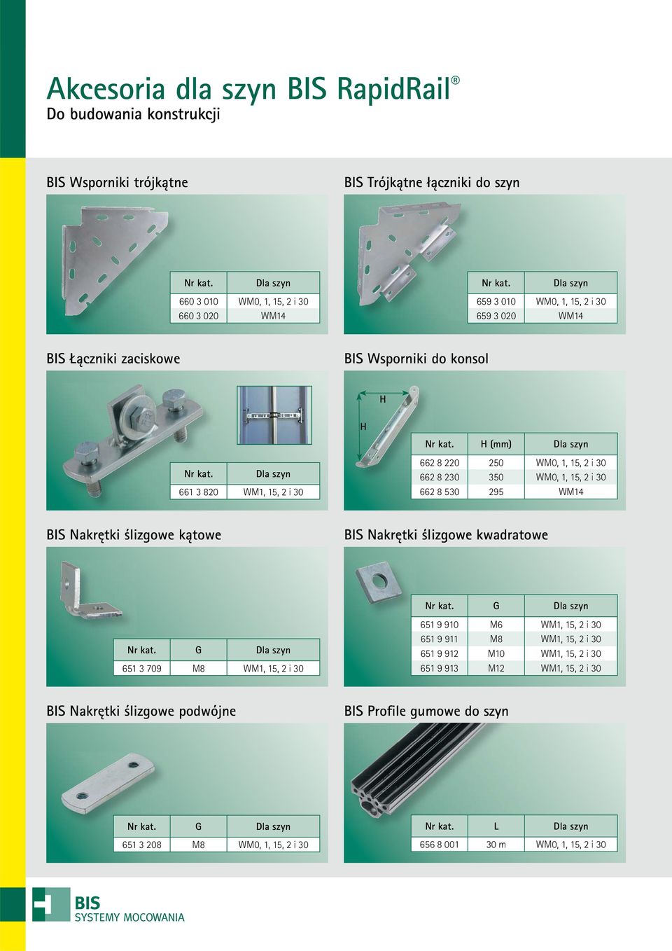 530 295 WM14 BIS Nakrętki ślizgowe kątowe BIS Nakrętki ślizgowe kwadratowe G Dla szyn 651 3 709 M8 WM1, 15, 2 i 30 G Dla szyn 651 9 910 M6 WM1, 15, 2 i 30 651 9 911 M8 WM1, 15, 2 i 30 651 9