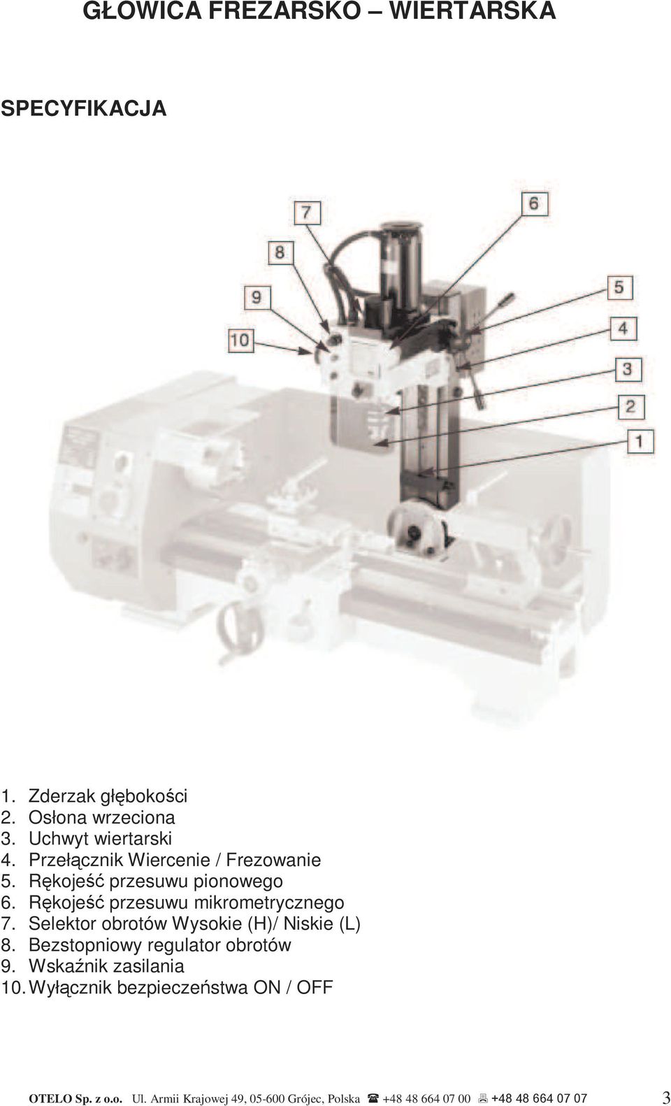 Selektor obrotów Wysokie (H)/ Niskie (L) 8. Bezstopniowy regulator obrotów 9. Wskaźnik zasilania 10.