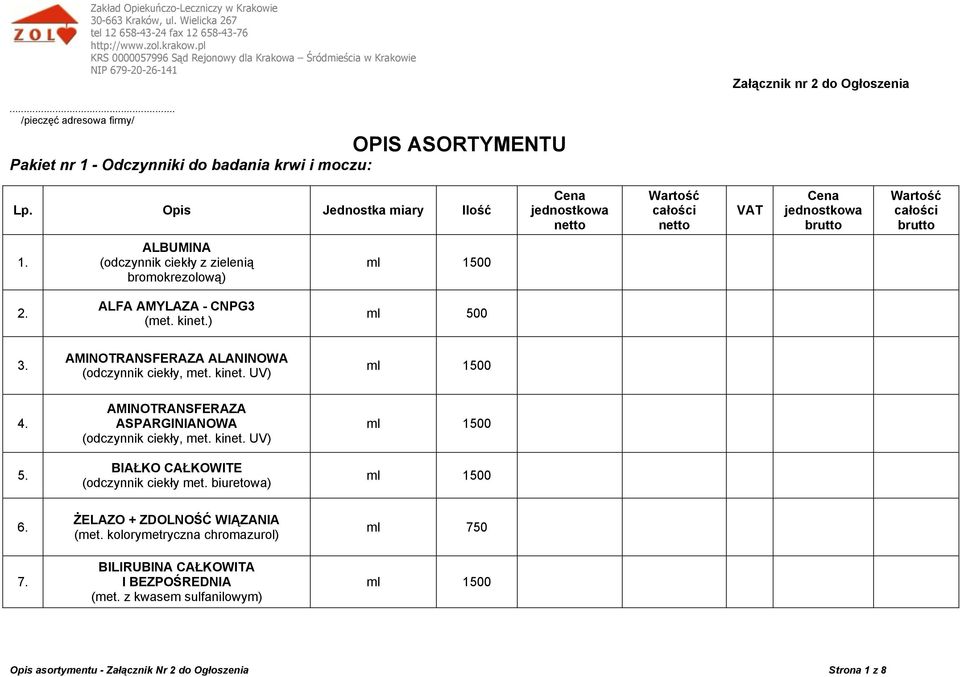 biuretowa) 6. ŻELAZO + ZDOLNOŚĆ WIĄZANIA (met. kolorymetryczna chromazurol) ml 750 7. BILIRUBINA CAŁKOWITA I BEZPOŚREDNIA (met.