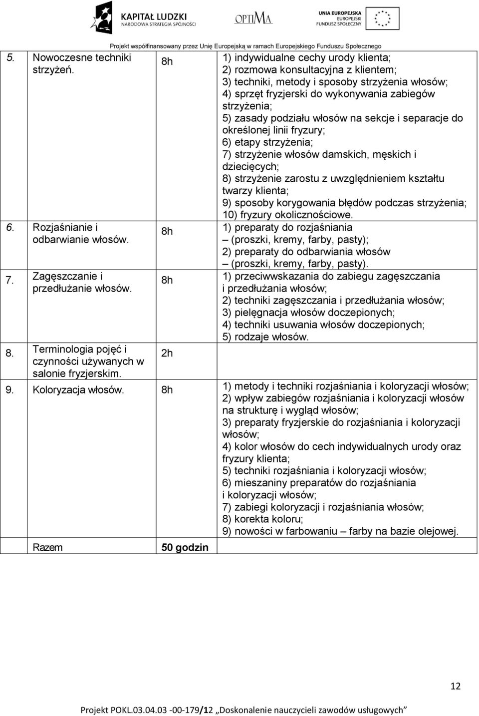 zasady podziału włosów na sekcje i separacje do określonej linii fryzury; 6) etapy strzyżenia; 7) strzyżenie włosów damskich, męskich i dziecięcych; 8) strzyżenie zarostu z uwzględnieniem kształtu