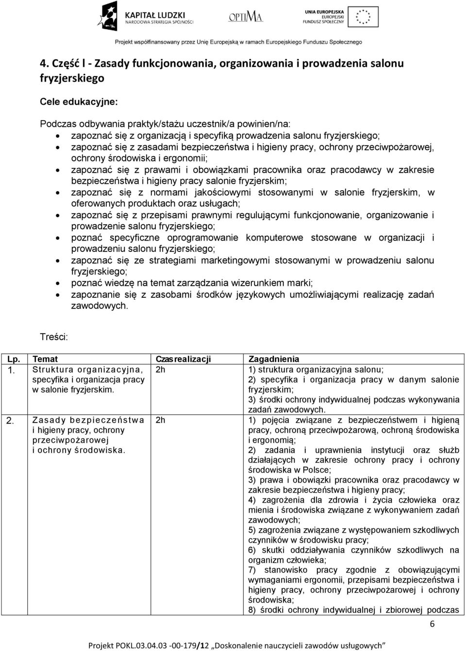 oraz pracodawcy w zakresie bezpieczeństwa i higieny pracy salonie fryzjerskim; zapoznać się z normami jakościowymi stosowanymi w salonie fryzjerskim, w oferowanych produktach oraz usługach; zapoznać