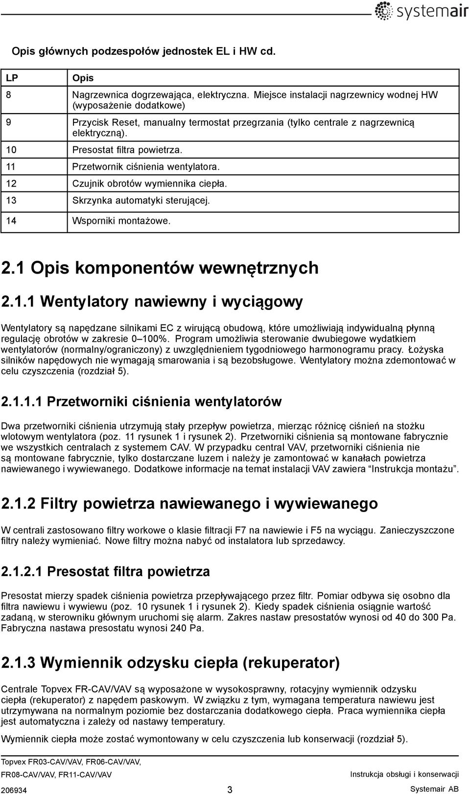 11 Przetwornik ciśnienia wentylatora. 12 Czujnik obrotów wymiennika ciepła. 13 Skrzynka automatyki sterującej. 14 Wsporniki montażowe. 2.1 Opis komponentów wewnętrznych 2.1.1 Wentylatory nawiewny i wyciągowy Wentylatory są napędzane silnikami EC z wirującą obudową, któreumożliwiają indywidualną płynną regulację obrotów w zakresie 0 100%.