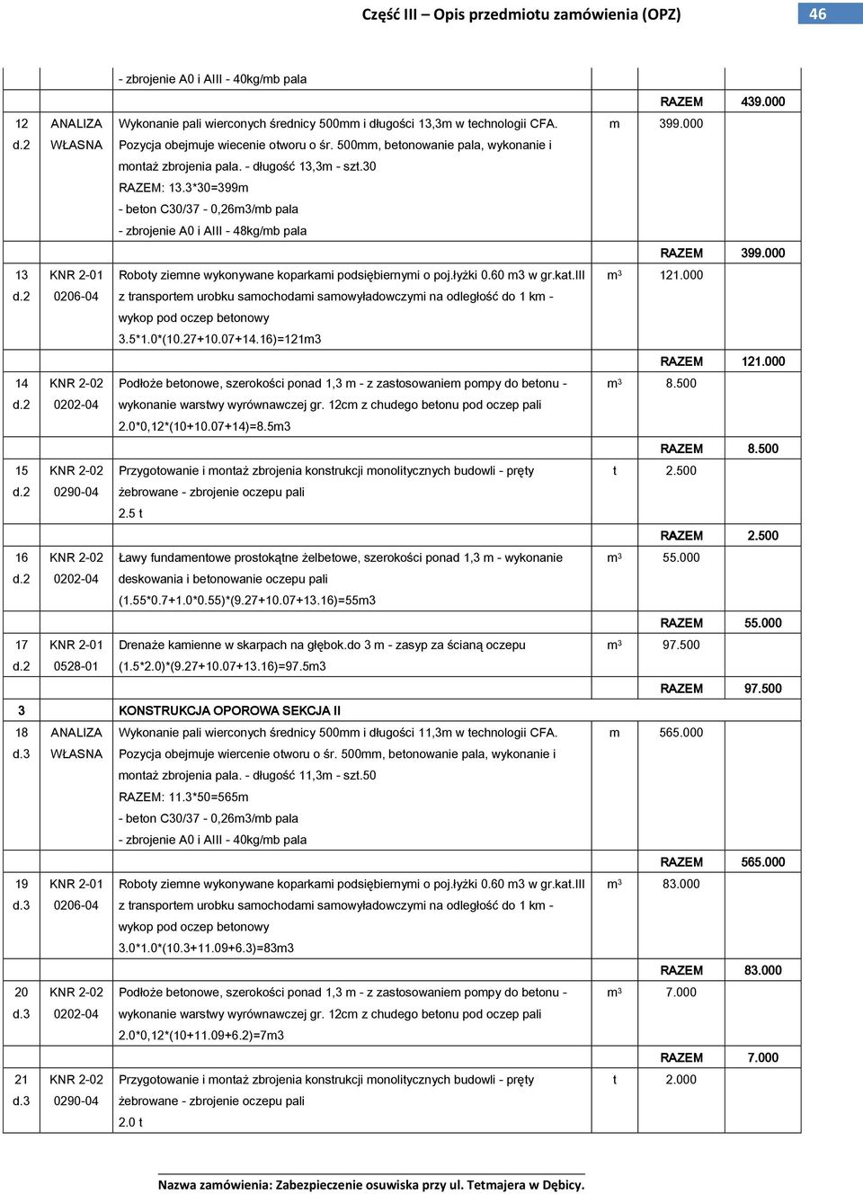 3*30=399m - beton C30/37-0,26m3/mb pala - zbrojenie A0 i AIII - 48kg/mb pala 13 KNR 2-01 Roboty ziemne wykonywane koparkami podsiębiernymi o poj.łyżki 0.60 m3 w gr.kat.iii d.