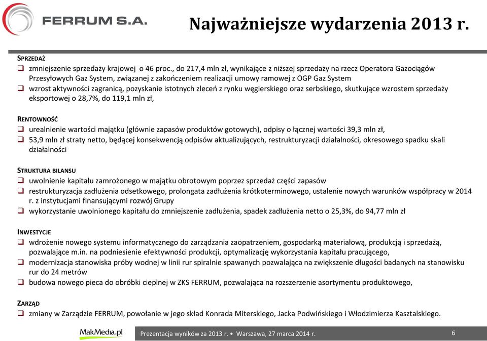 zagranicą, pozyskanie istotnych zleceń z rynku węgierskiego oraz serbskiego, skutkujące wzrostem sprzedaży eksportowej o 28,7%, do 119,1 mln zł, RENTOWNOŚĆ urealnienie wartości majątku (głównie