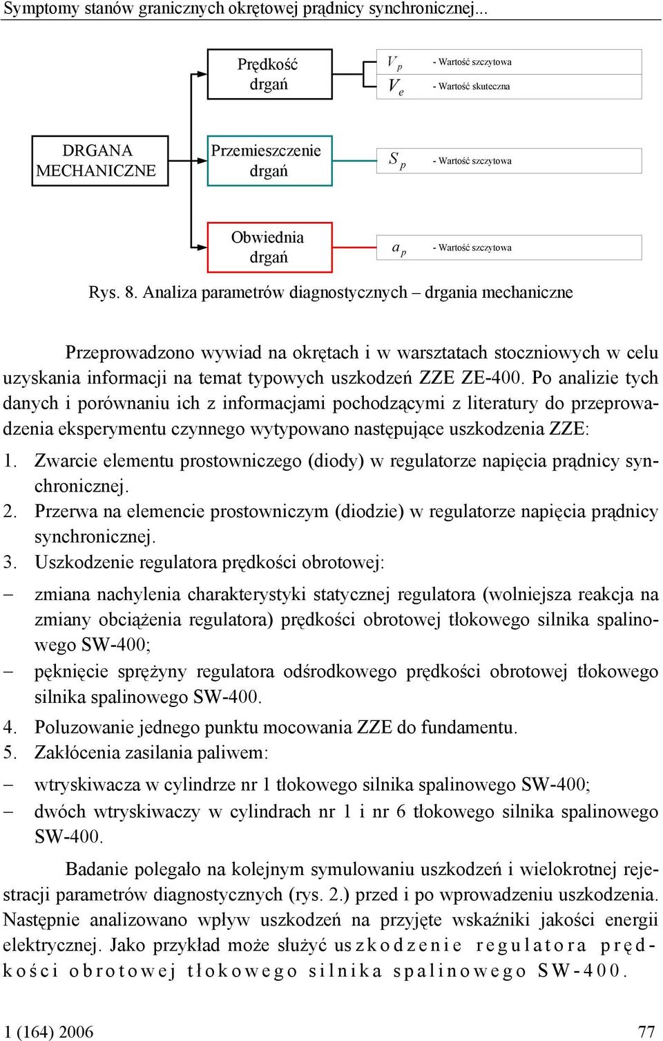 Analiza parametrów diagnostycznych drgania mechaniczne Przeprowadzono wywiad na okrętach i w warsztatach stoczniowych w celu uzyskania informacji na temat typowych uszkodzeń ZZE ZE-400.