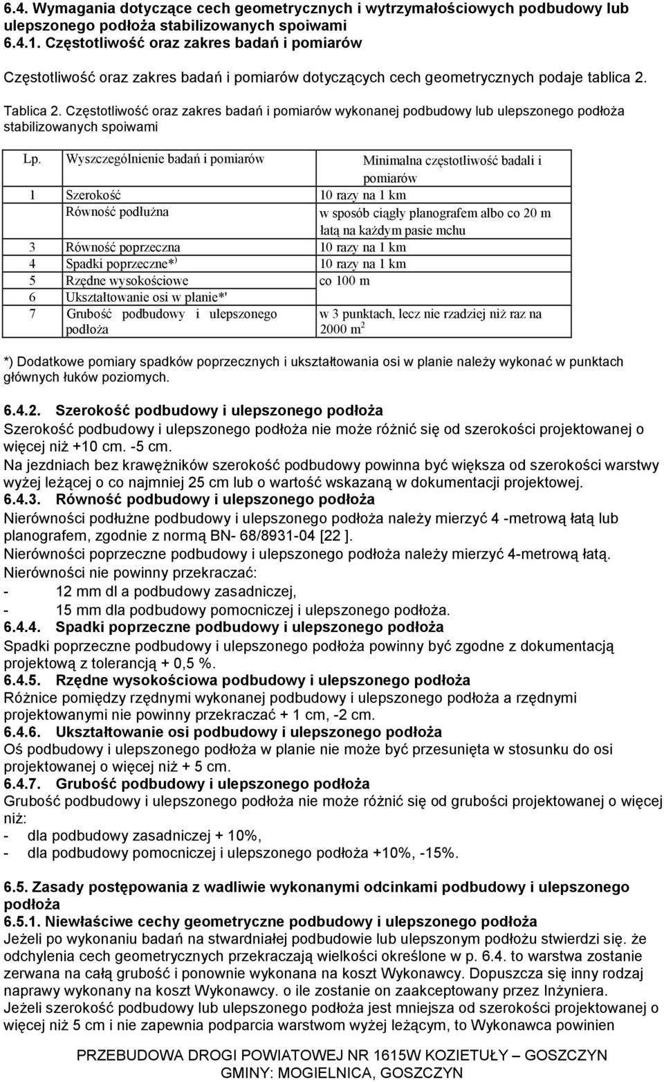 Częstotliwość oraz zakres badań i pomiarów wykonanej podbudowy lub ulepszonego podłoża stabilizowanych spoiwami Lp.