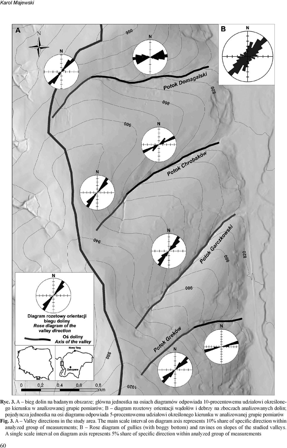 wądołów i debrzy na zboczach analizowanych dolin; pojedyncza jednostka na osi diagramu odpowiada 5-procentowemu udziałowi określonego kierunku w analizowanej grupie pomiarów Fig. 3.