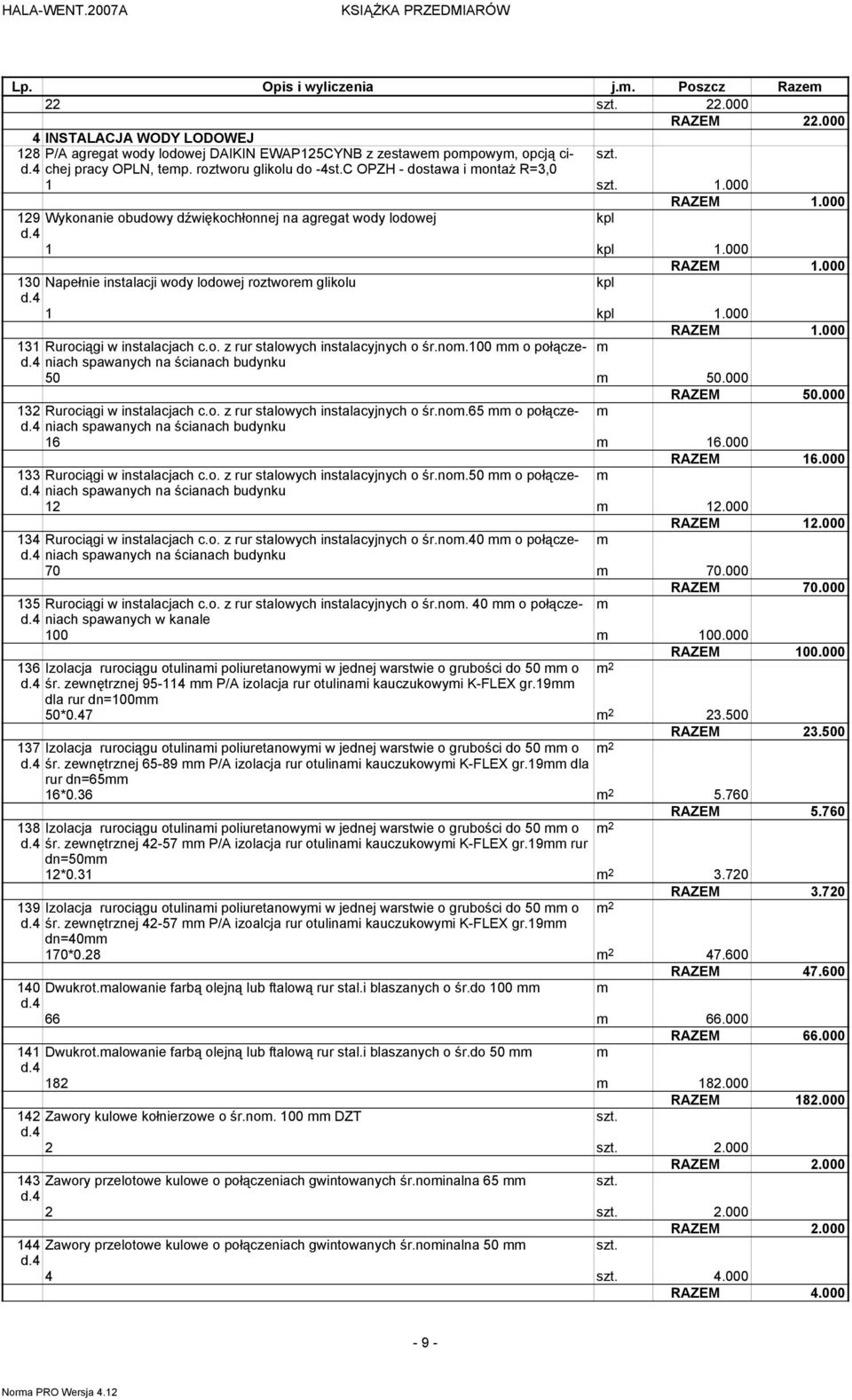 000 130 Napełnie instalacji wody lodowej roztwore glikolu kpl 1 kpl 1.000 131 Rurociągi w instalacjach c.o. z rur stalowych instalacyjnych o śr.no.100 o połączeniach 50 50.