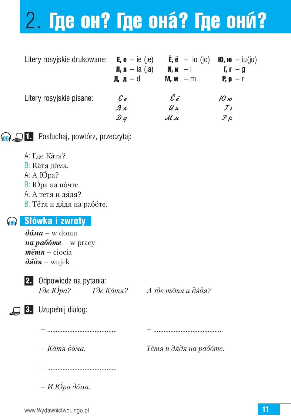 Я я И и Г г Д д М м Р р 05 1. Pos uchaj, powtórz, przeczytaj: Ä: Где Ка+тя? Ç: Ка+тя до+ма. Ä: А Ю+ра? Ç: Ю+ра на по+чте. Ä: А тётя и дя+дя?