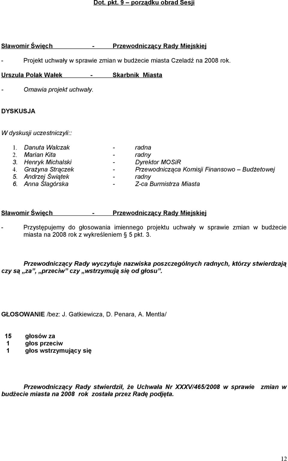 Andrzej Świątek - radny 6. Anna Ślagórska - Z-ca Burmistrza Miasta - Przystępujemy do głosowania imiennego projektu uchwały w sprawie zmian w budżecie miasta na 2008 rok z wykreśleniem 5 pkt. 3.