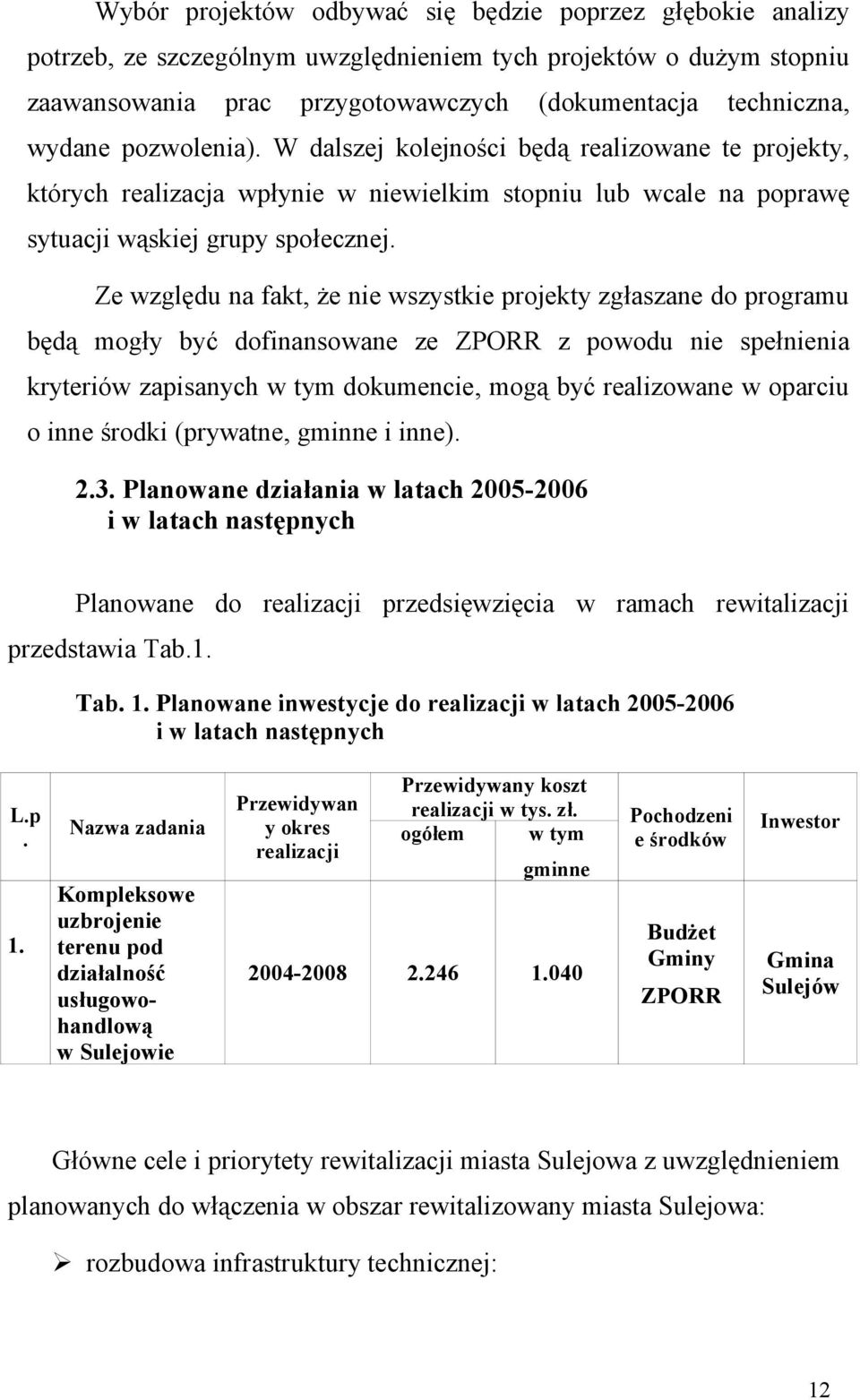 Ze względu na fakt, że nie wszystkie projekty zgłaszane do programu będą mogły być dofinansowane ze ZPORR z powodu nie spełnienia kryteriów zapisanych w tym dokumencie, mogą być realizowane w oparciu