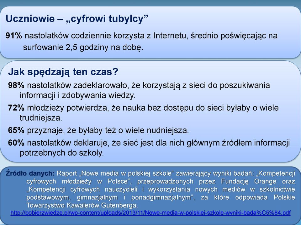 65% przyznaje, że byłaby też o wiele nudniejsza. 60% nastolatków deklaruje, że sieć jest dla nich głównym źródłem informacji potrzebnych do szkoły.