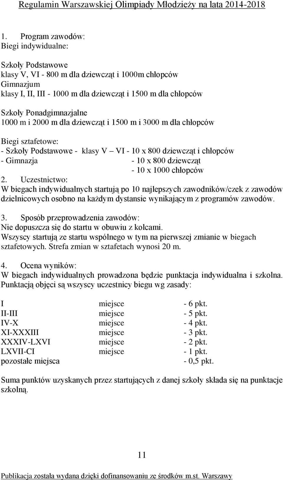 1000 chłopców 2. Uczestnictwo: W biegach indywidualnych startują po 10 najlepszych zawodników/czek z zawodów dzielnicowych osobno na każdym dystansie wynikającym z programów zawodów. 3.