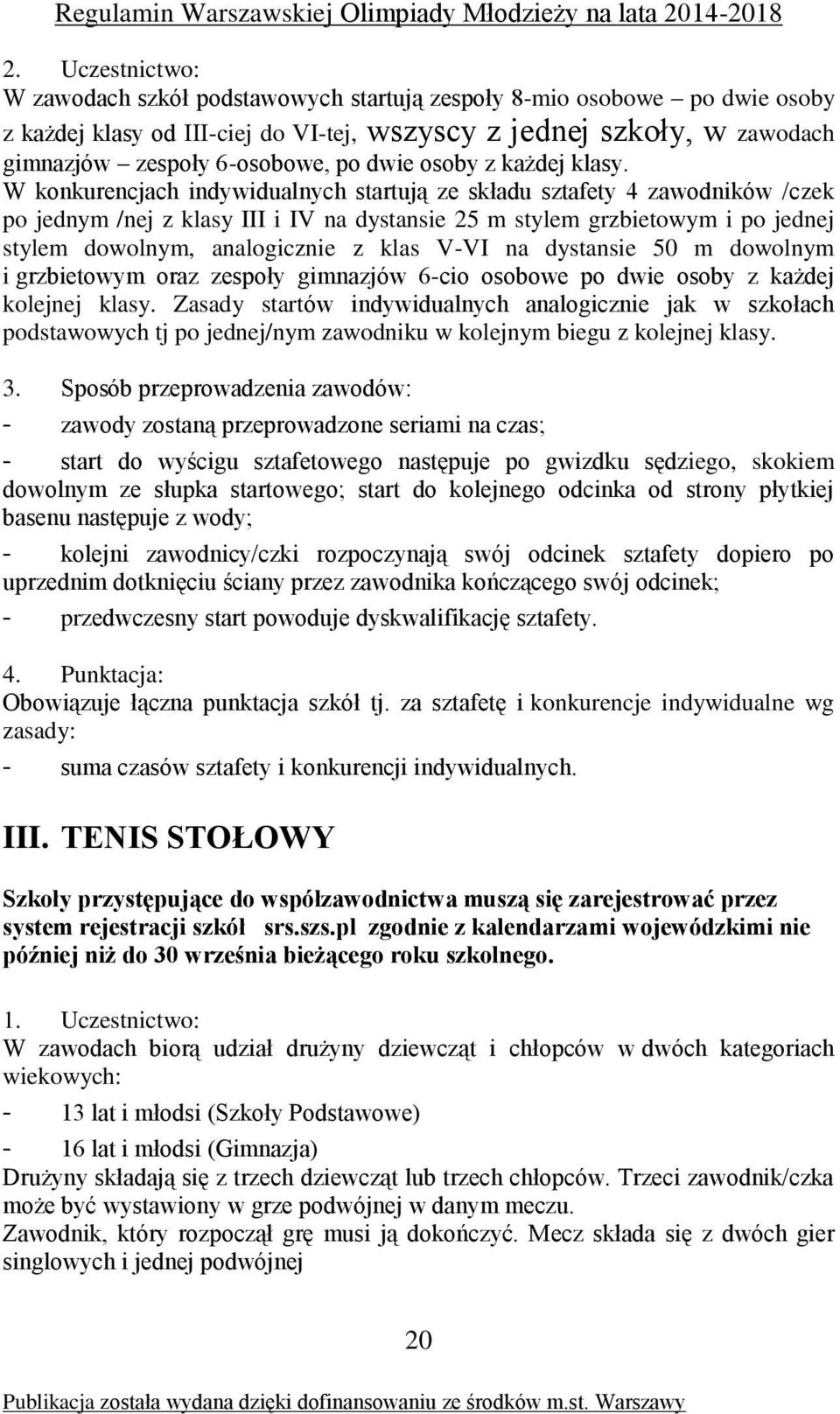 W konkurencjach indywidualnych startują ze składu sztafety 4 zawodników /czek po jednym /nej z klasy III i IV na dystansie 25 m stylem grzbietowym i po jednej stylem dowolnym, analogicznie z klas