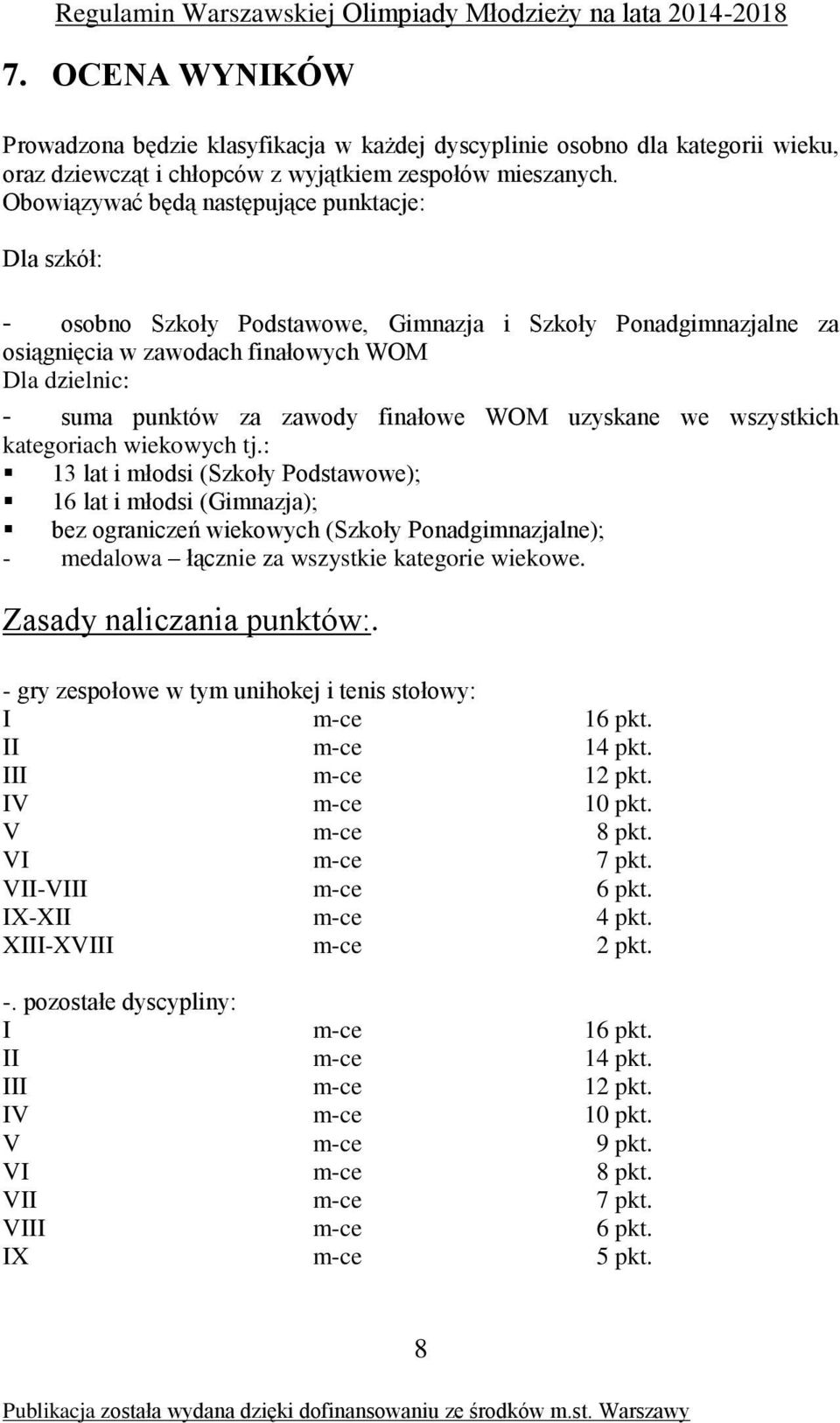 finałowe WOM uzyskane we wszystkich kategoriach wiekowych tj.