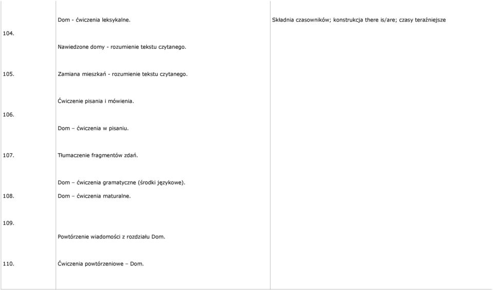 Ćwiczenie pisania i mówienia. 106. Dom ćwiczenia w pisaniu. 107. Tłumaczenie fragmentów zdań.