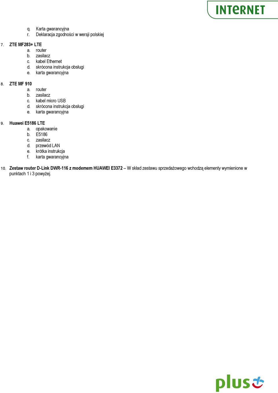 skrócona instrukcja obsługi e. karta gwarancyjna 9. Huawei E5186 LTE a. opakowanie b. E5186 c. zasilacz d. przewód LAN e.