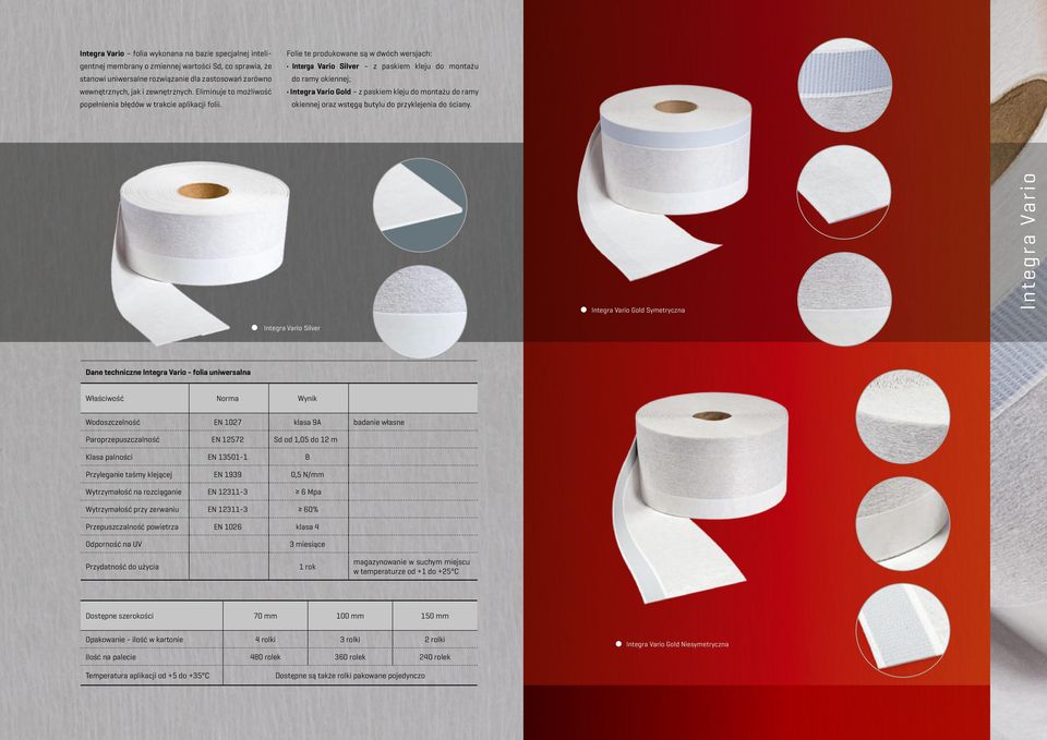 Folie te produkowane są w dwóch wersjach: Interga Vario Silver z paskiem kleju do montażu do ramy okiennej; Integra Vario Gold z paskiem kleju do montażu do ramy okiennej oraz wstęgą butylu do