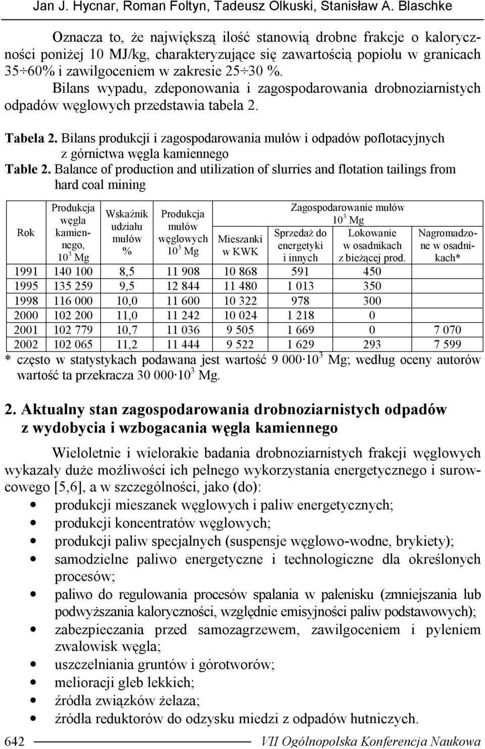 Bilans wypadu, zdeponowania i zagospodarowania drobnoziarnistych odpadów węglowych przedstawia tabela 2. Tabela 2.