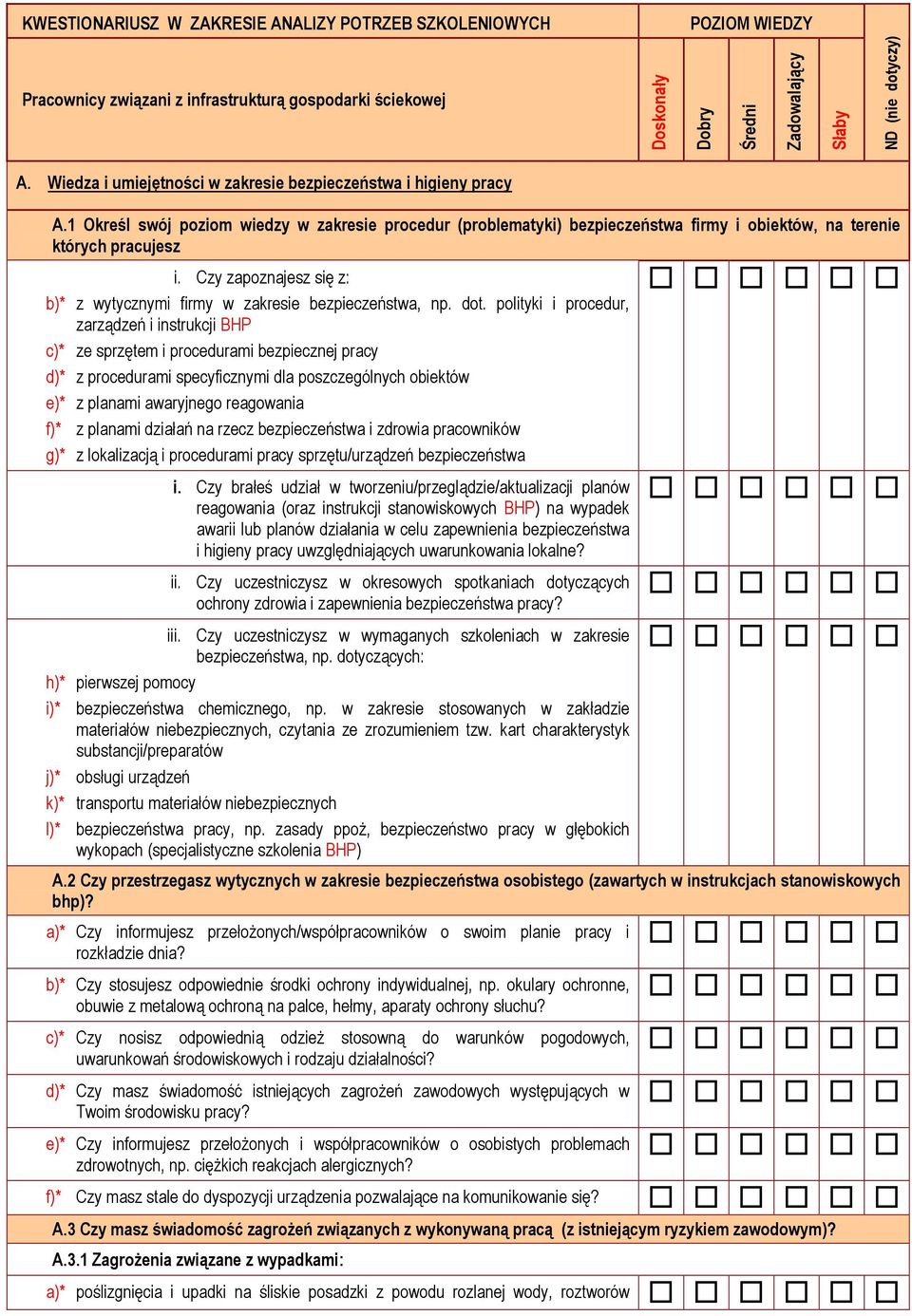 polityki i procedur, zarządzeń i instrukcji BHP c)* ze sprzętem i procedurami bezpiecznej pracy d)* z procedurami specyficznymi dla poszczególnych obiektów e)* z planami awaryjnego reagowania f)* z