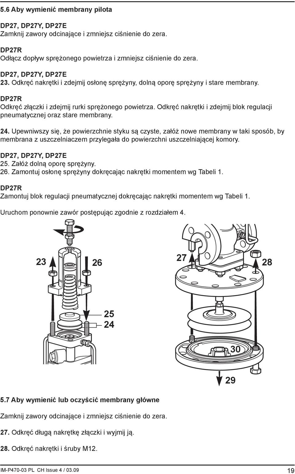 Odkręć nakrętki i zdejmij blok regulacji pneumatycznej oraz stare membrany. 24.