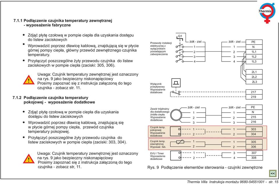 Uwaga: Czujnik temperatury zewnętrznej jest oznaczony na rys. 9 jako bezpieczny niskonapięciowy Prosimy zapoznać się z instrukcja załączoną do tego czujnika - zobacz str. 11