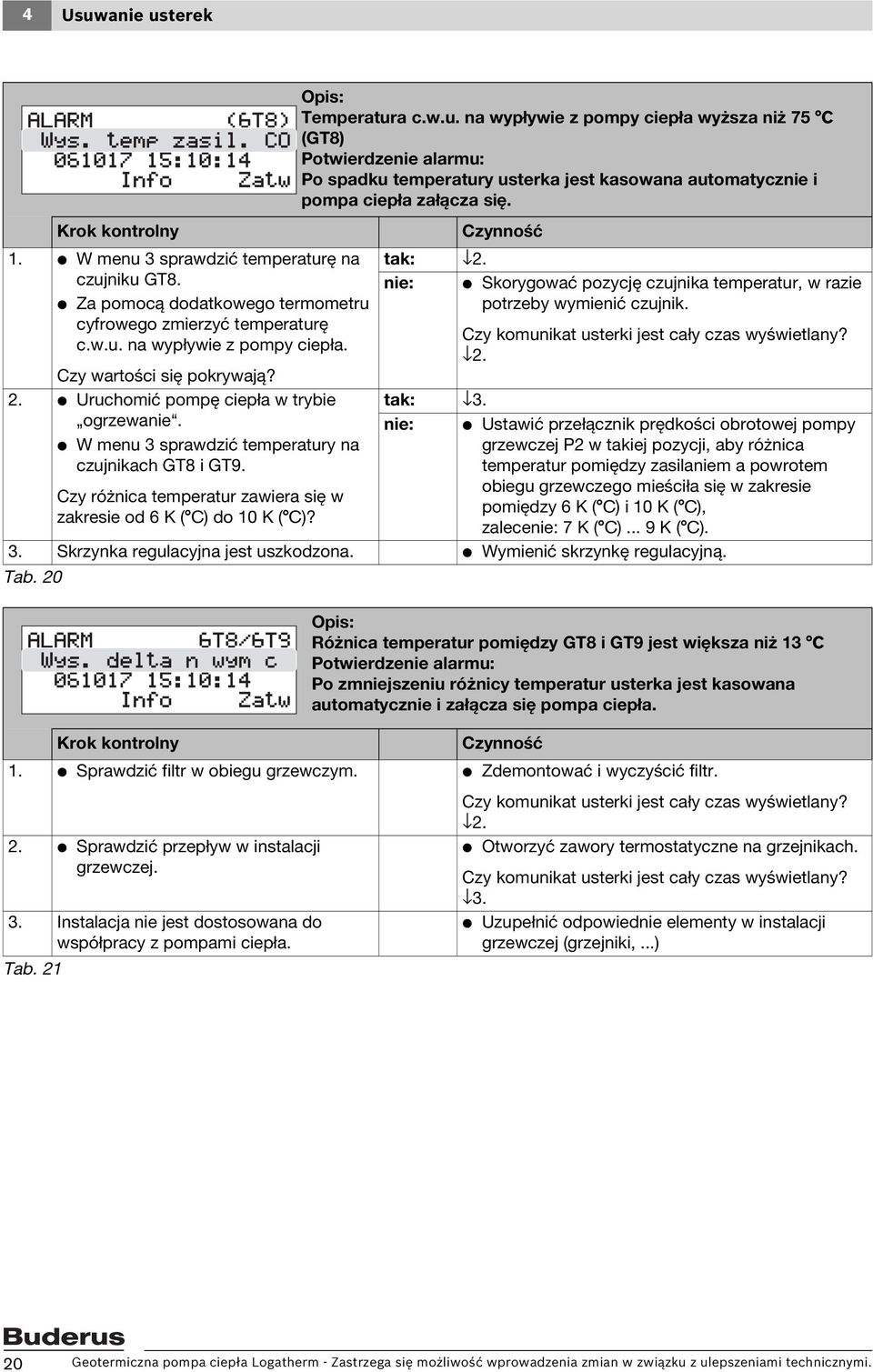 V Uruchomić pompę ciepła w trybie ogrzewanie. V W menu 3 sprawdzić temperatury na czujnikach GT8 i GT9. Czy różnica temperatur zawiera się w zakresie od 6 K ( C) do 10 K ( C)? tak: 2.