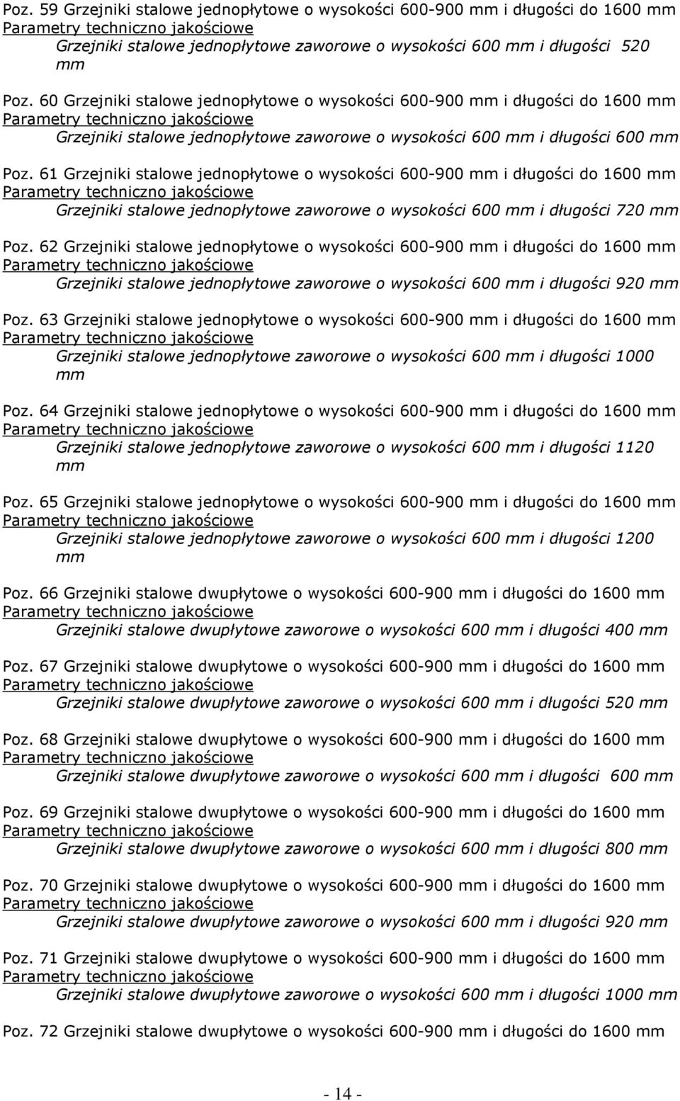 61 Grzejniki stalowe jednopłytowe o wysokości 600-900 mm i długości do 1600 mm Grzejniki stalowe jednopłytowe zaworowe o wysokości 600 mm i długości 720 mm Poz.