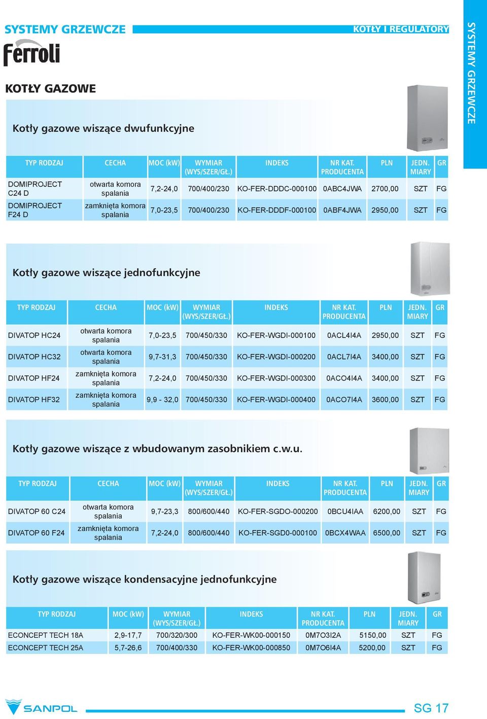 7,2-24,0 700/400/230 KO-FER-DDDC-000100 0ABC4JWA 2700,00 SZT FG 7,0-23,5 700/400/230 KO-FER-DDDF-000100 0ABF4JWA 2950,00 SZT FG Kotły gazowe wiszące jednofunkcyjne TYP RODZAJ CECHA MOC (kw) WYMIAR