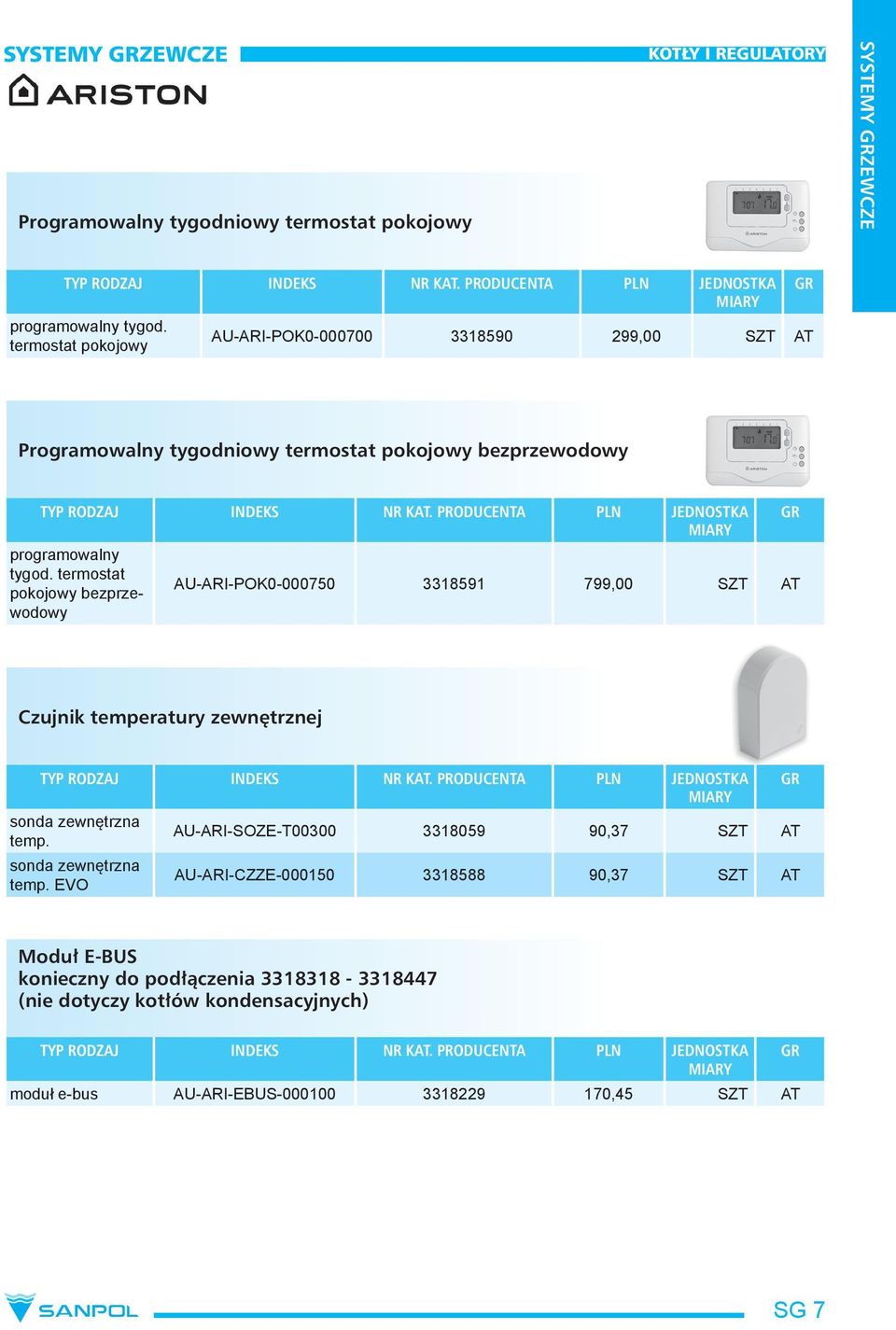 termostat pokojowy bezprzewodowy AU-ARI-POK0-000750 3318591 799,00 SZT AT Czujnik temperatury zewnętrznej TYP RODZAJ INDEKS NR KAT. JEDNOSTKA sonda zewnętrzna temp.