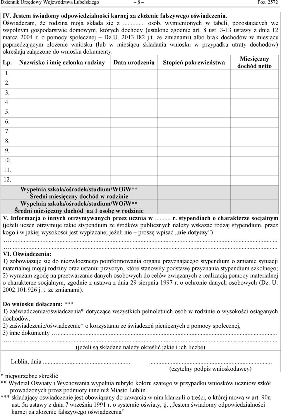 t. ze zmianami) albo brak dochodów w miesiącu poprzedzającym złożenie wniosku (lub w miesiącu składania wniosku w przypadku utraty dochodów) określają załączone do wniosku dokumenty. Miesięczny Lp.