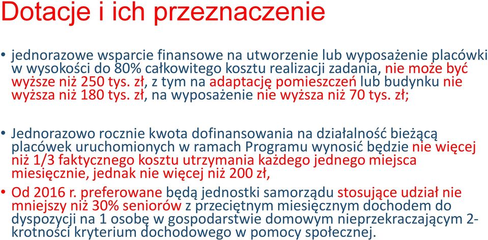 zł; Jednorazowo rocznie kwota dofinansowania na działalność bieżącą placówek uruchomionych w ramach Programu wynosić będzie nie więcej niż 1/3 faktycznego kosztu utrzymania każdego jednego miejsca