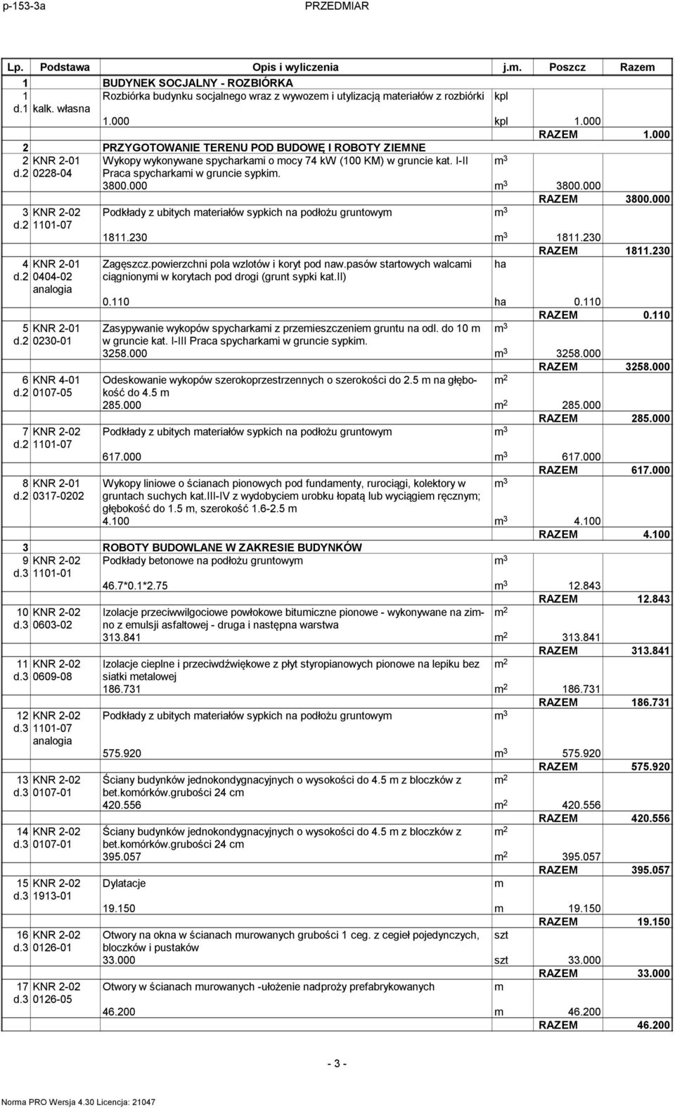 000 RAZEM 3800.000 3 KNR 2-02 Podkłady z ubitych ateriałów sypkich na podłożu gruntowy 3 d.2 1101-07 1811.230 3 1811.230 RAZEM 1811.230 4 KNR 2-01 Zagęszcz.powierzchni pola wzlotów i koryt pod naw.