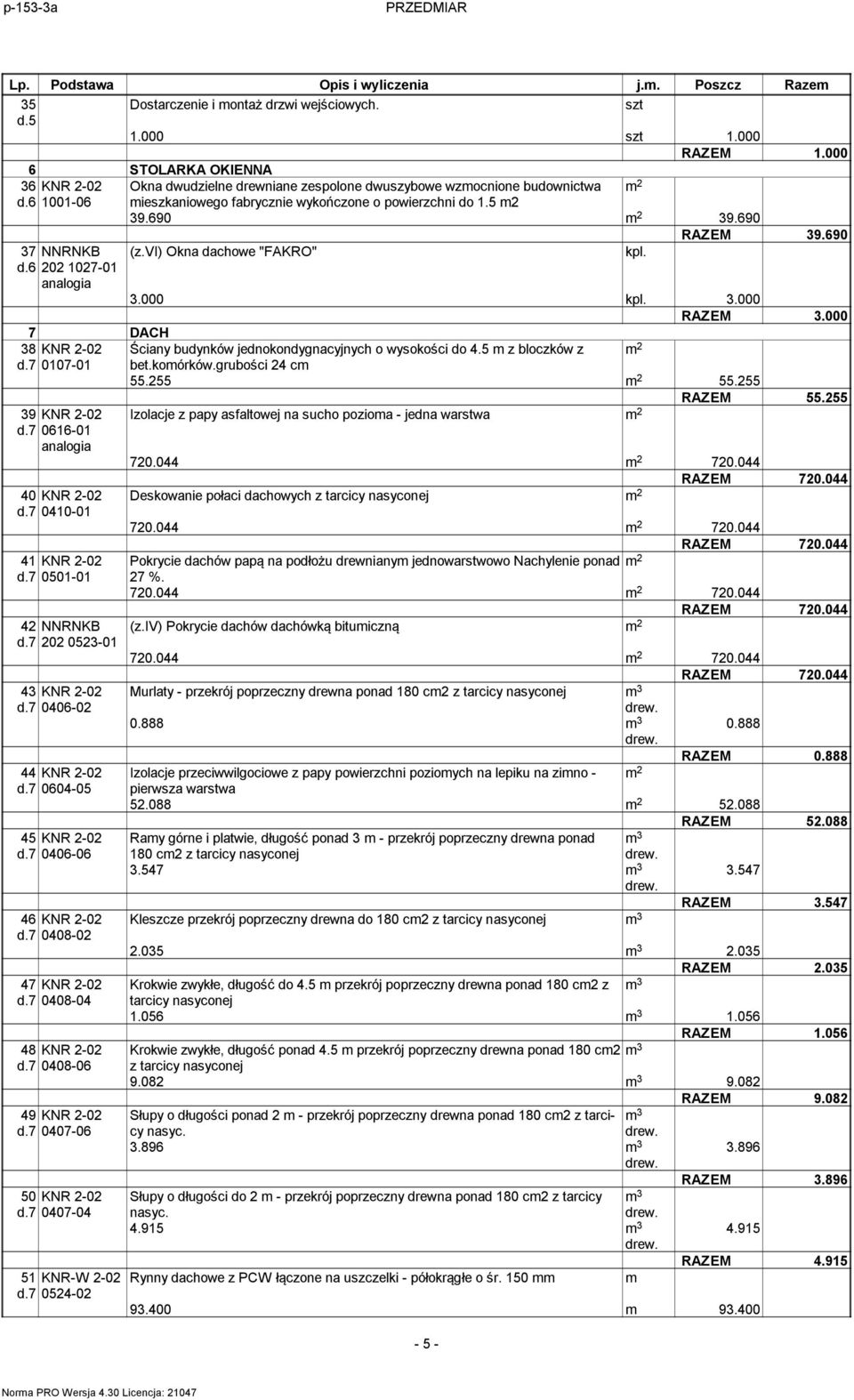 690 RAZEM 39.690 37 NNRNKB (z.vi) Okna dachowe "FAKRO" kpl. d.6 202 1027-01 3.000 kpl. 3.000 RAZEM 3.000 7 DACH 38 KNR 2-02 Ściany budynków jednokondygnacyjnych o wysokości do 4.5 z bloczków z 2 d.