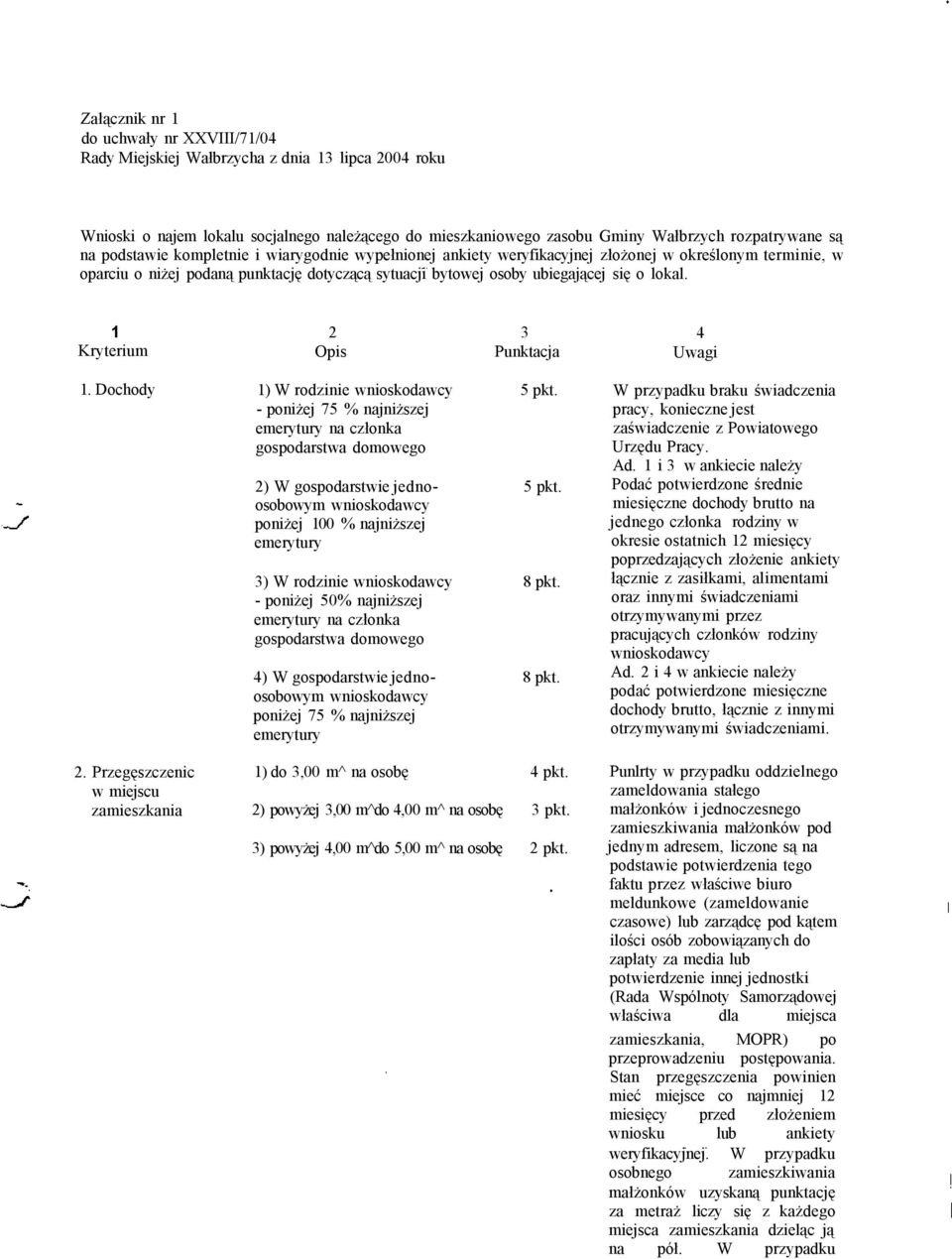 1 Kryterium 1. Dochody 2. Przegęszczenic w miejscu zamieszkania 2 3 Opis Punktacja 1) W rodzinie wnioskodawcy 5 pkt.