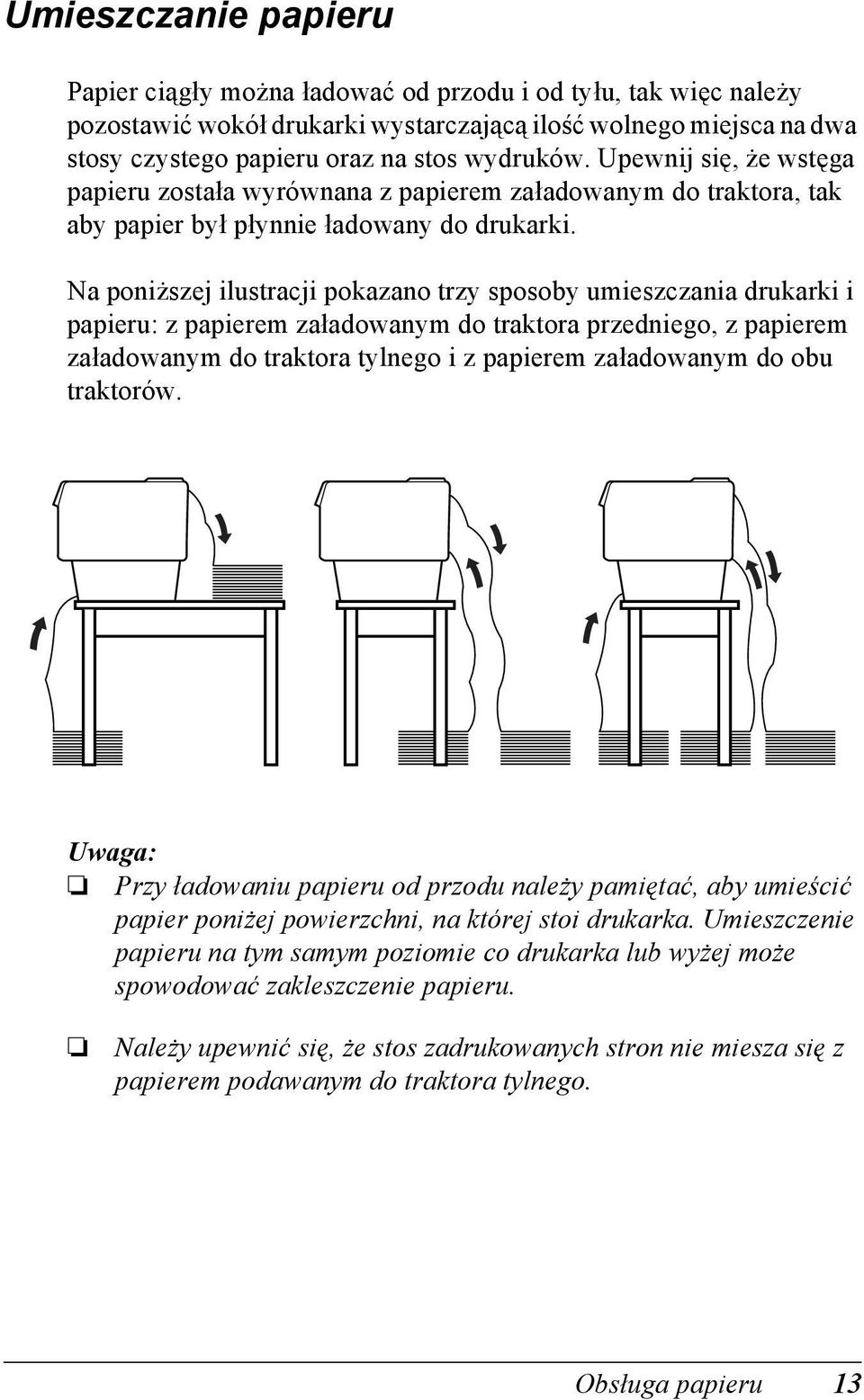 Na poniższej ilustracji pokazano trzy sposoby umieszczania drukarki i papieru: z papierem załadowanym do traktora przedniego, z papierem załadowanym do traktora tylnego i z papierem załadowanym do