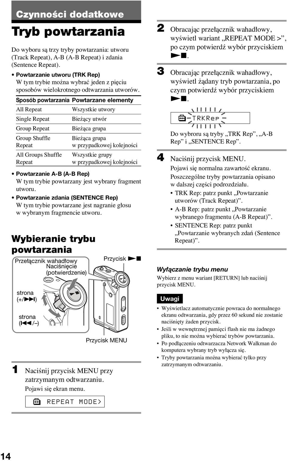 Sposób powtarzania Powtarzane elementy All Repeat Wszystkie utwory Single Repeat Bie àcy utwór Group Repeat Bie àca grupa Group Shuffle Repeat All Groups Shuffle Repeat Powtarzanie A-B (A-B Rep) W