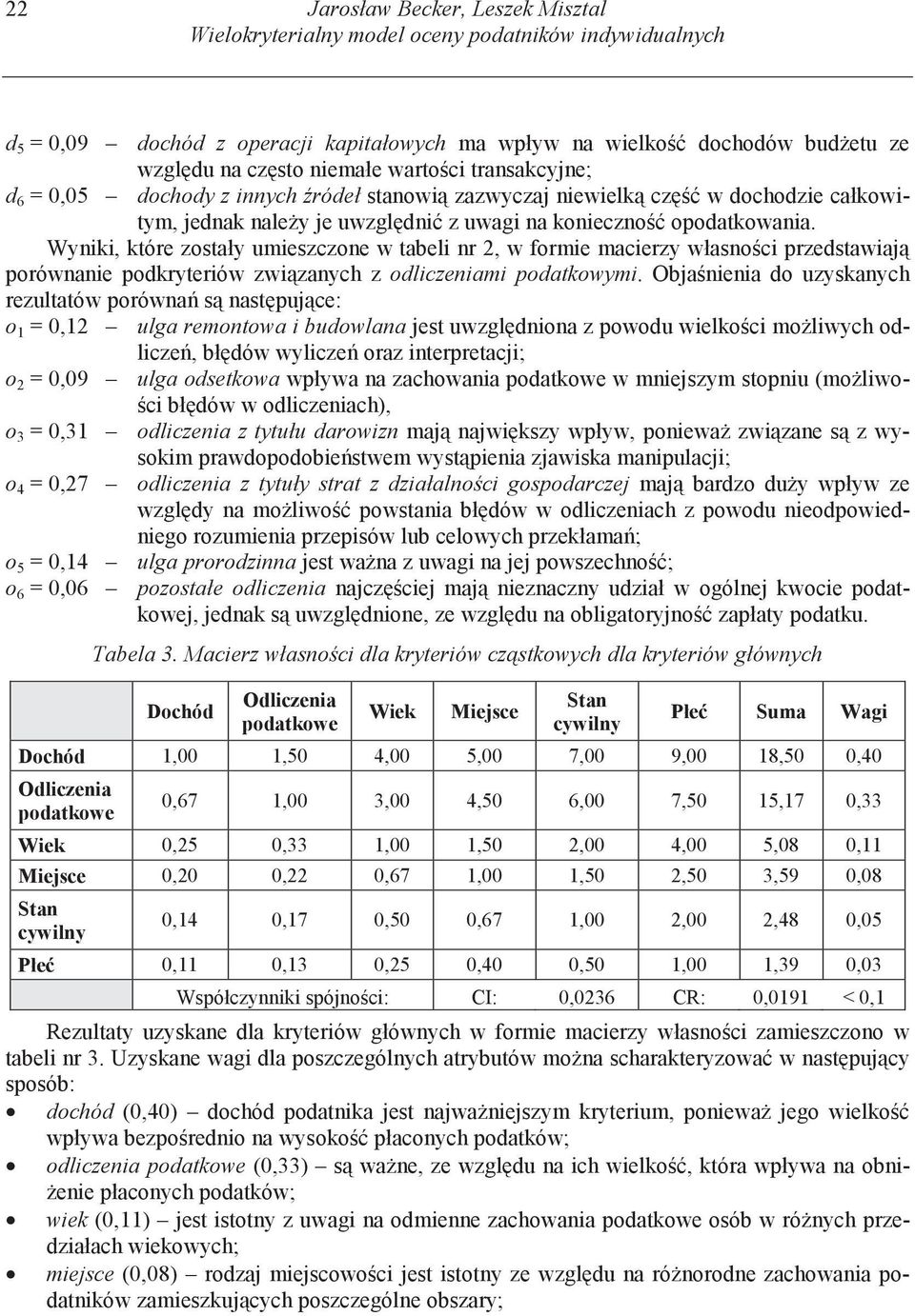 Wyniki, które zostały umieszczone w tabeli nr 2, w formie macierzy własno ci przedstawiaj porównanie podkryteriów zwi zanych z odliczeniami podatkowymi.