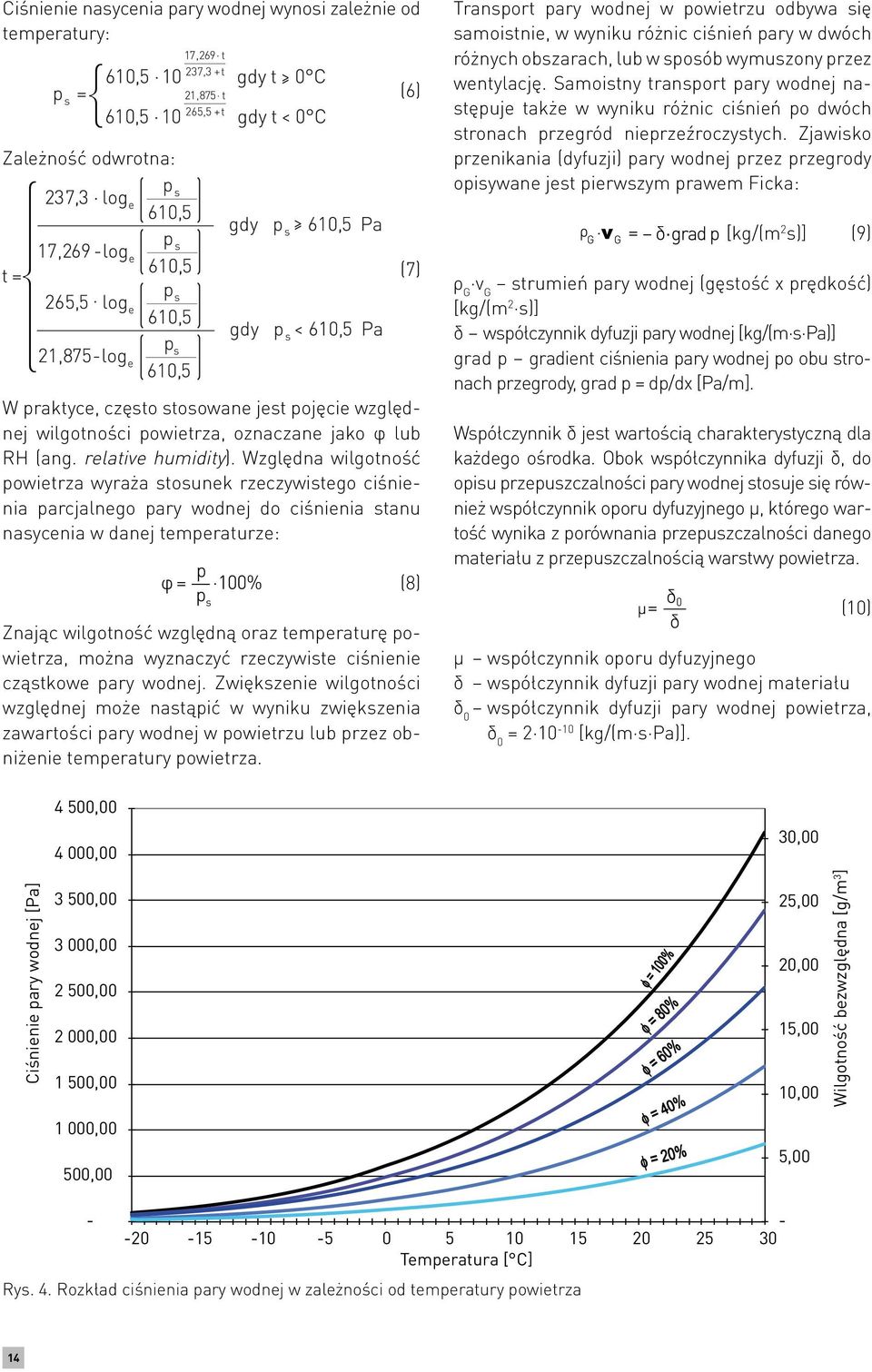 Zjawisko przenikania (dyfuzji) pary wodnej przez przegrody opisywane jest pierwszym prawem Ficka: [kg/(m 2 s)] (9) W praktyce, często stosowane jest pojęcie względnej wilgotności powietrza, oznaczane