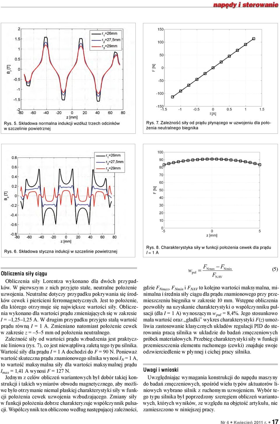 Charakterystyka siły w funkcji położenia cewek dla prądu I = 1 A Obliczenia siły ciągu Obliczenia siły Lorentza wykonano dla dwóch przypadków.