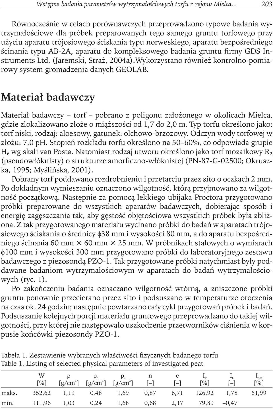 norweskiego, aparatu bezpośredniego ścinania typu AB-2A, aparatu do kompleksowego badania gruntu firmy GDS Instruments Ltd. (Jaremski, Straż, 2004a).