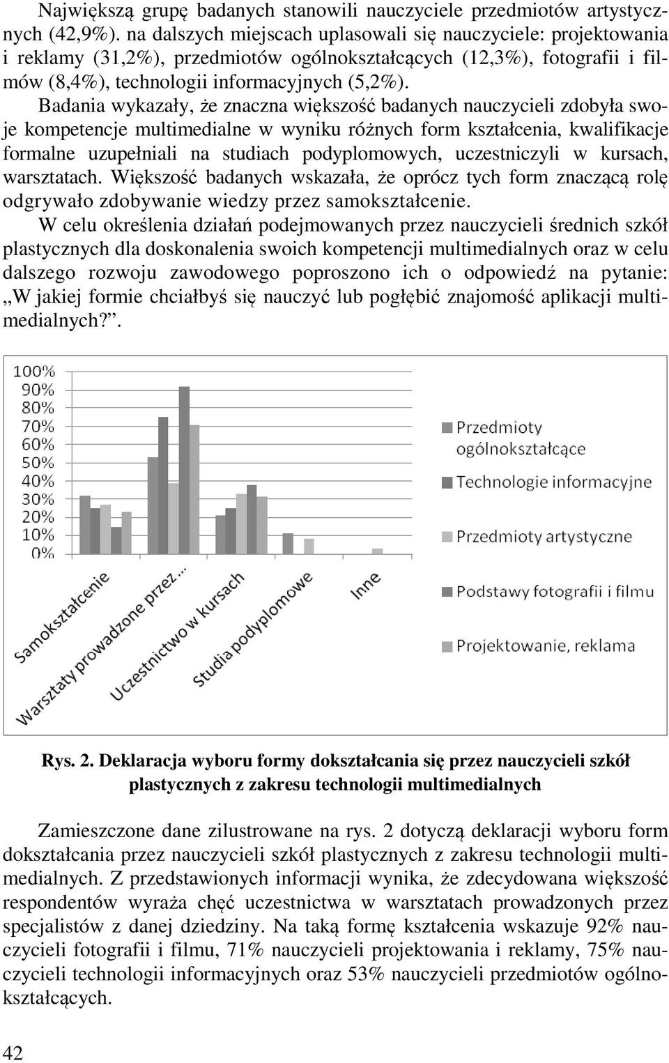 Badania wykazały, że znaczna większość badanych nauczycieli zdobyła swoje kompetencje multimedialne w wyniku różnych form kształcenia, kwalifikacje formalne uzupełniali na studiach podyplomowych,