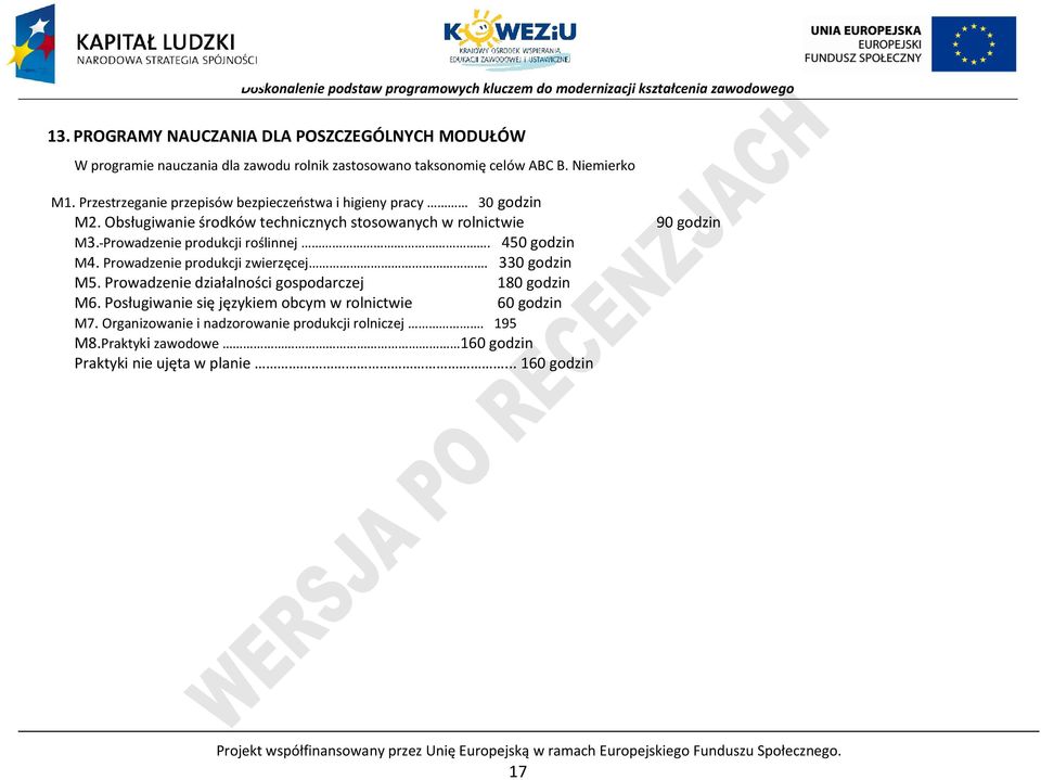 450 godzin M4. rowadzenie produkcji zwierzęcej. 330 godzin M5. rowadzenie działalności gospodarczej 180 godzin M6. osługiwanie się językiem obcym w rolnictwie 60 godzin M7.