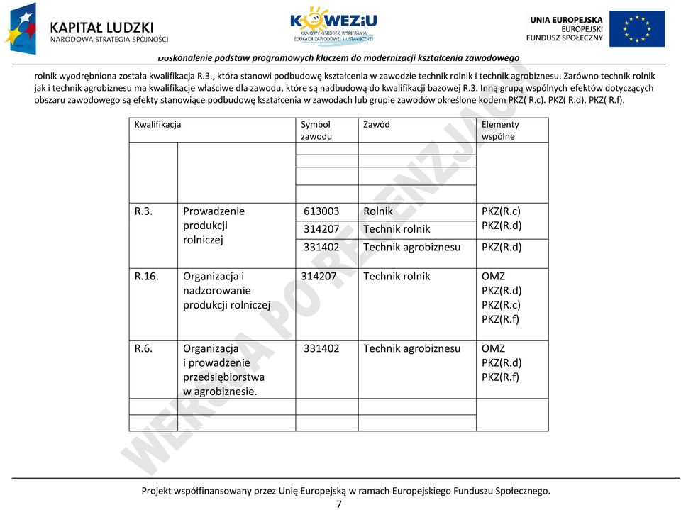 Inną grupą wspólnych efektów dotyczących obszaru zawodowego są efekty stanowiące podbudowę kształcenia w zawodach lub grupie zawodów określone kodem KZ( R.c). KZ( R.d). KZ( R.f).