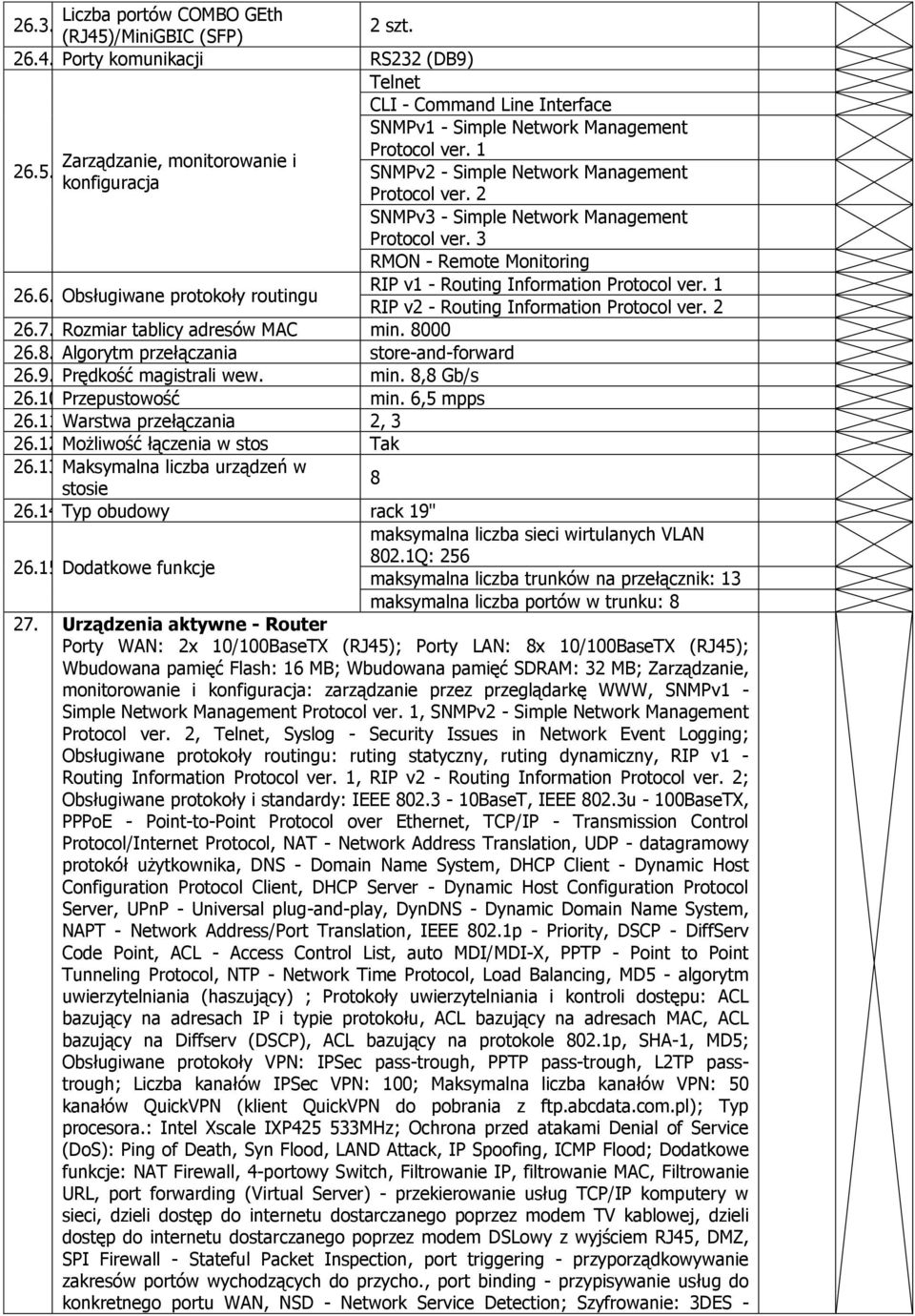 1 RIP v2 - Routing Information Protocol ver. 2 26.7. Rozmiar tablicy adresów MAC min. 8000 26.8. Algorytm przełączania store-and-forward 26.9. Prędkość magistrali wew. min. 8,8 Gb/s 26.10.